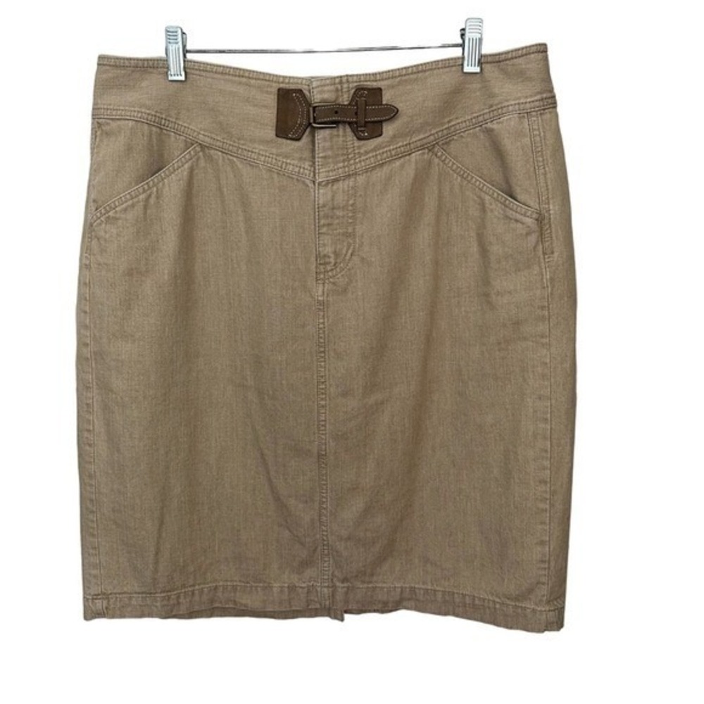 Ralph Lauren Safari Skirt Womens 14 Camel Tan 100% Cotton Hem Slit Preppy Buckle